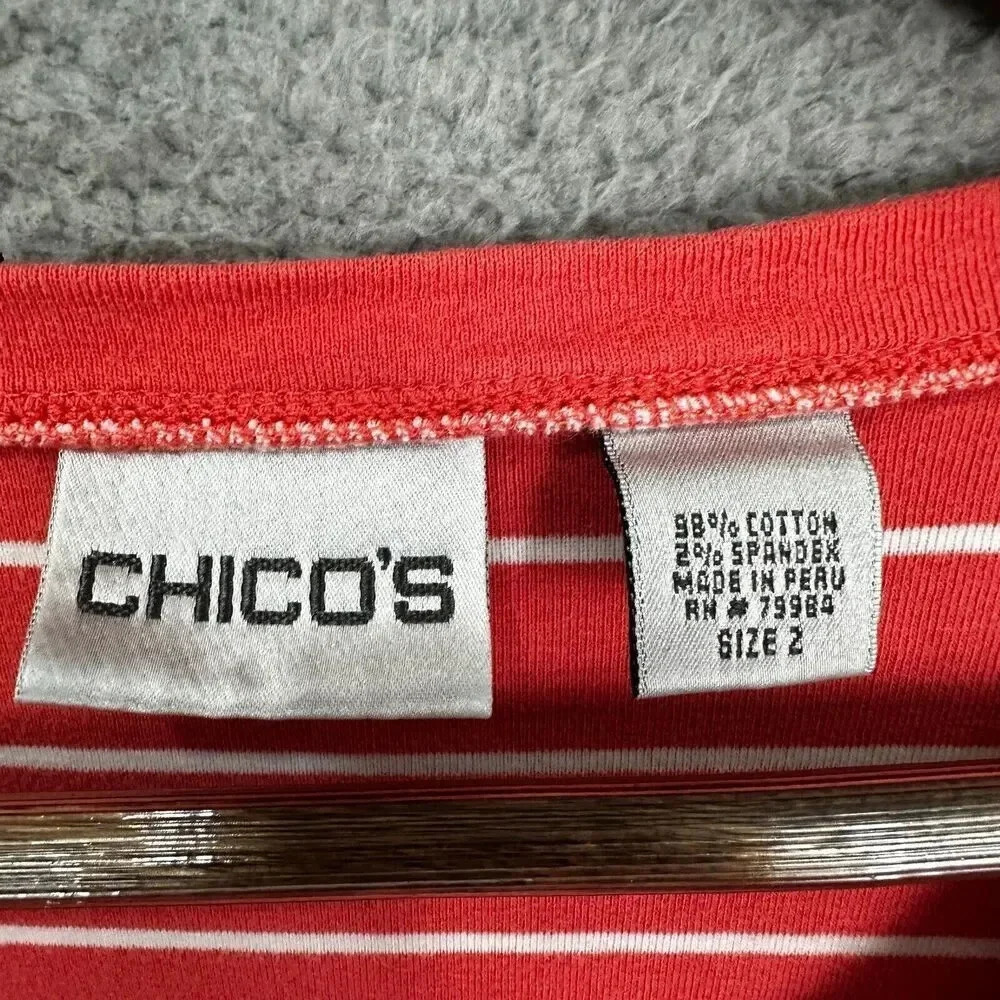Chicos top womens 2 medium orange striped short‎ sleeve boxy basic casual preppy - Picture 2 of 6